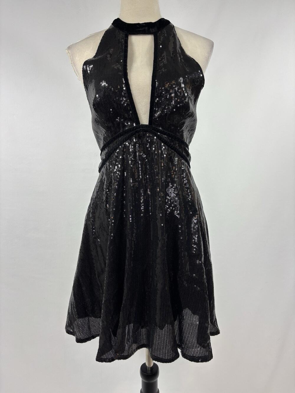 Free People Film Noir Sequin Mini Dress Black Size 10 Backless Cut Out Plunge